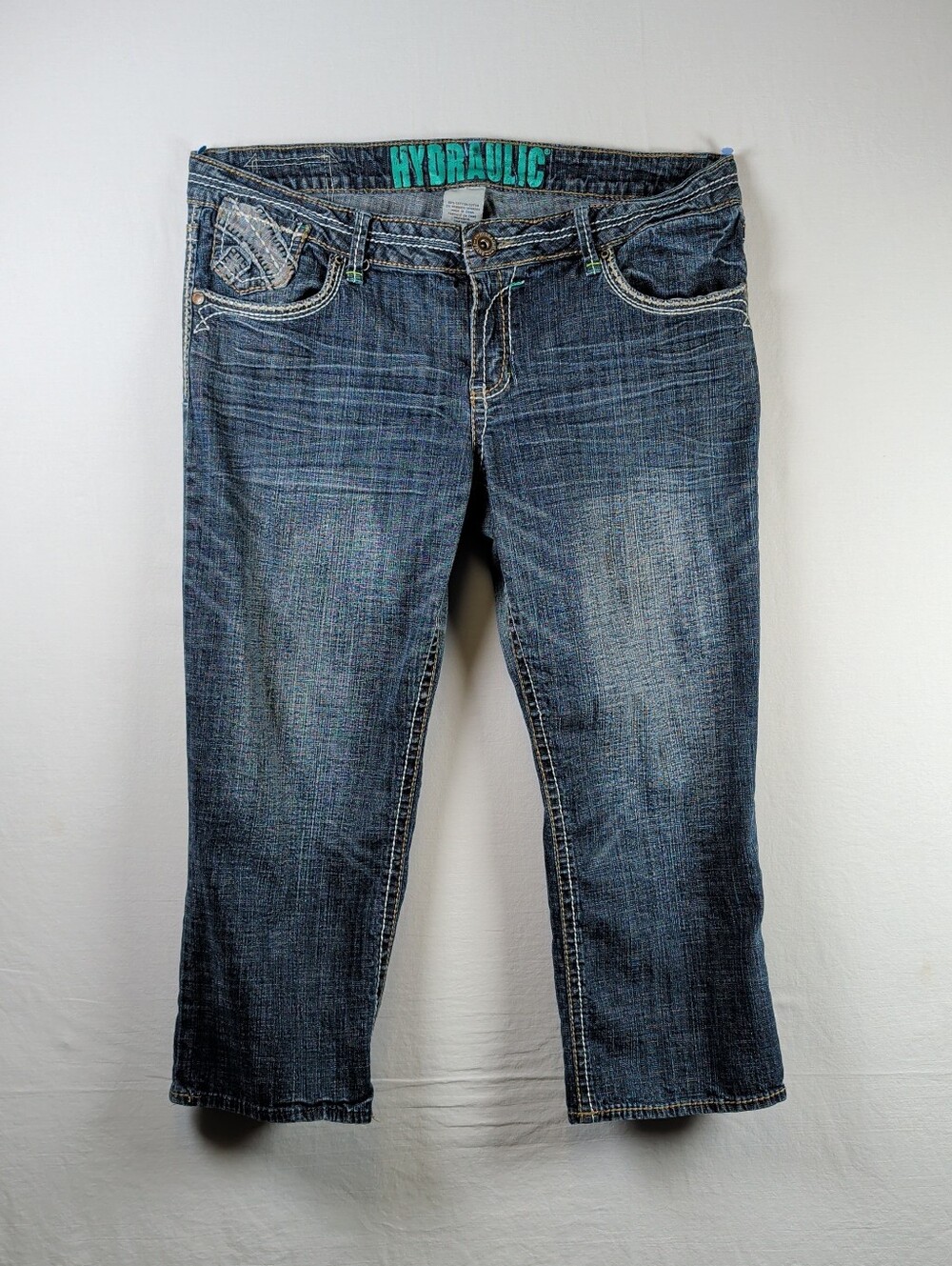 Hydraulic Embroidered Y2K Womens Crop Jeans - Size 15/16 - Medium Wash
